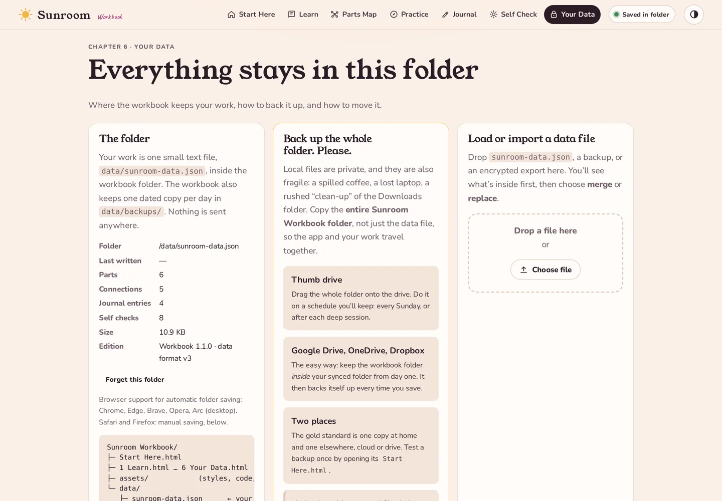 The Your Data chapter: folder status, a backup section describing thumb drives and cloud folders, and import and export tools