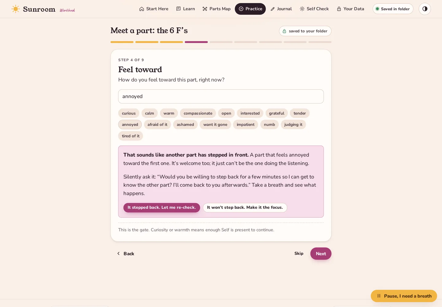 The 6 F’s exercise at the Feel toward step, where the answer “annoyed” has opened a panel explaining that another part has stepped in and how to ask it to step back